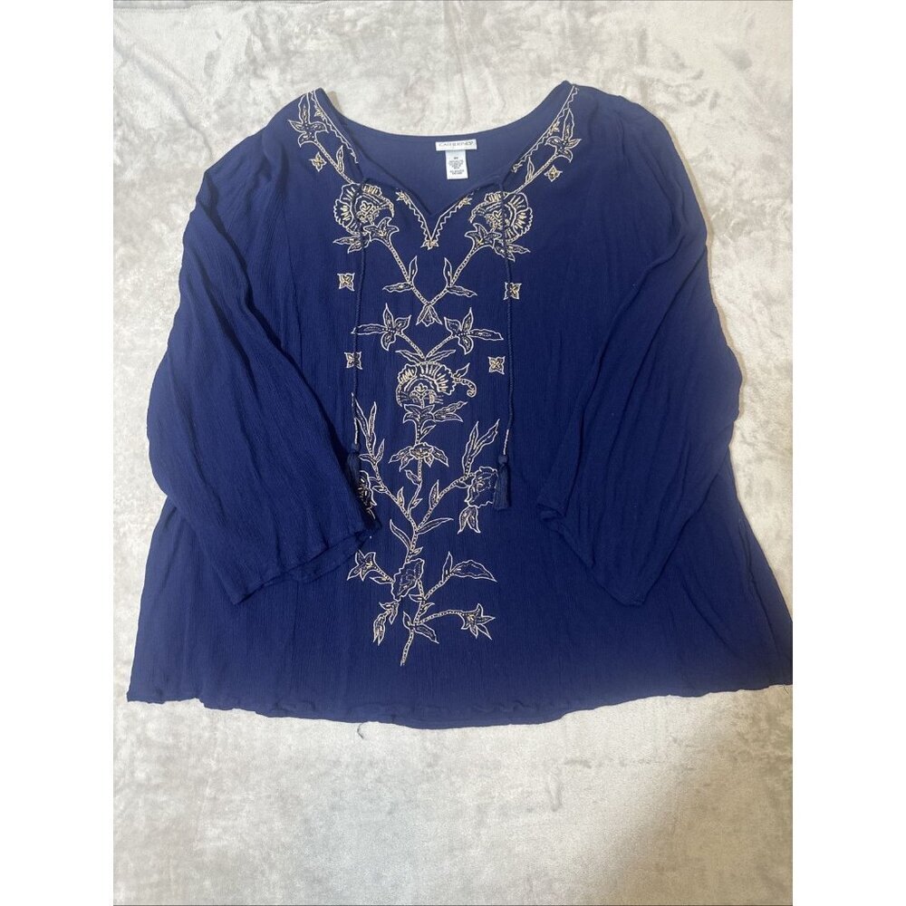 Women’s Catherines Blouse Embroidered Tassels Navy Blue Gold Plus 3X